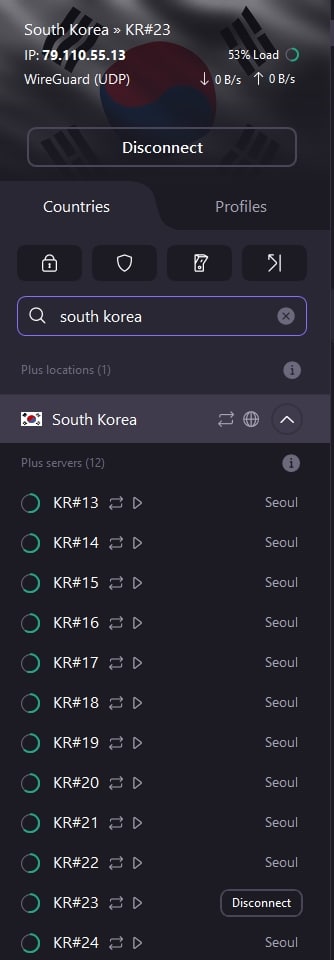 ProtonVPN servers in South Korea.