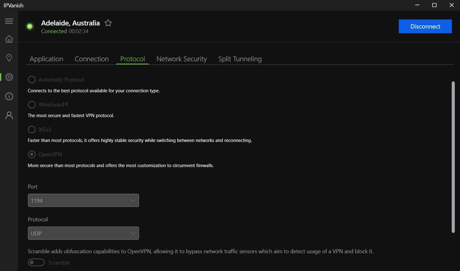 IPVanish protocol options.