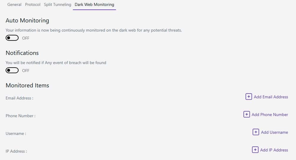 PureVPN's dark web monitoring tool.
