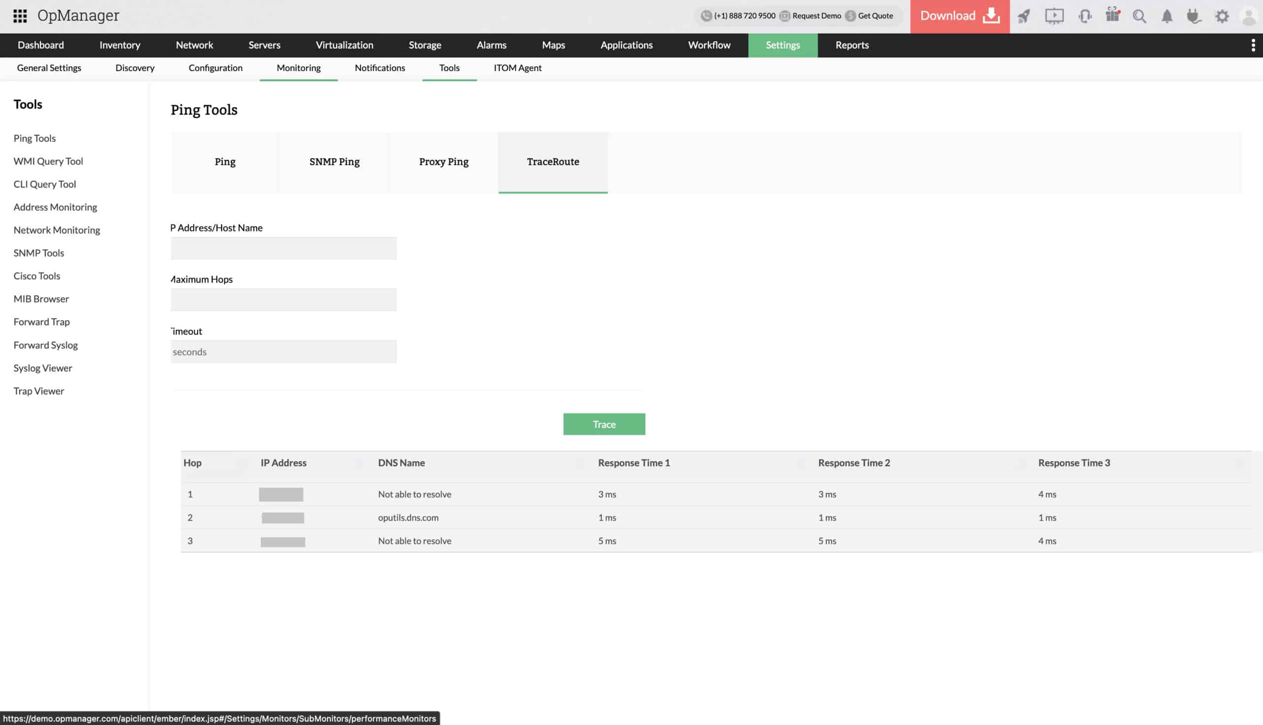 ManageEngine OpManager Τraceroute Tool