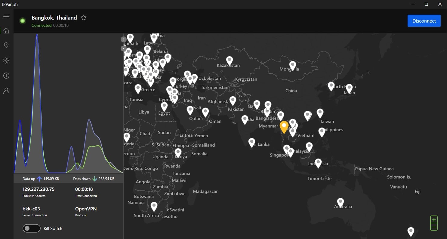 IPVanish dashboard with server map.