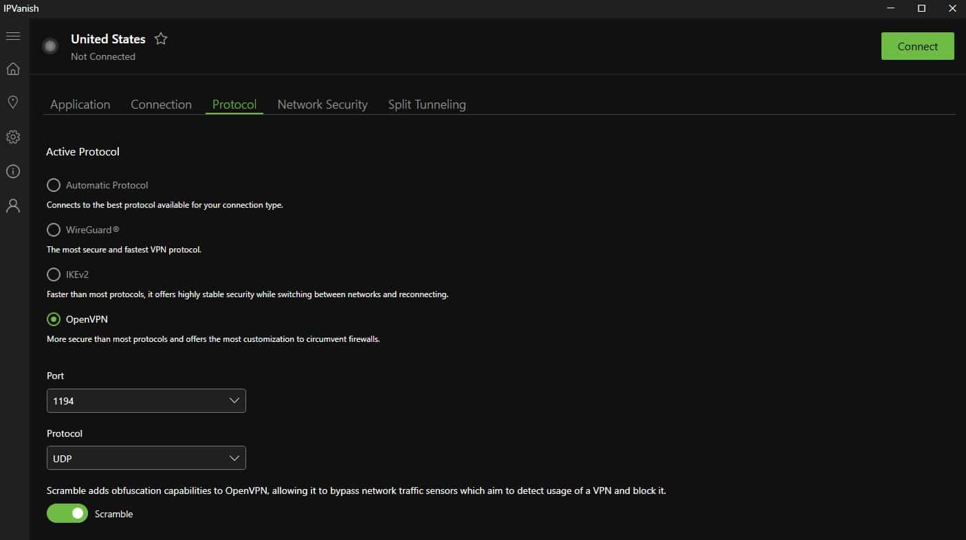 IPVanish protocol options.