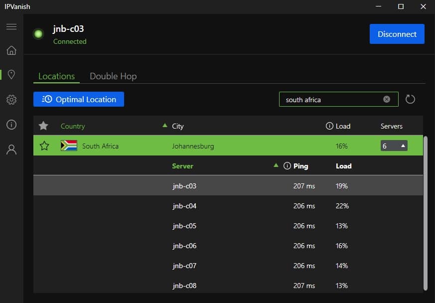 IPVanish servers in South Africa