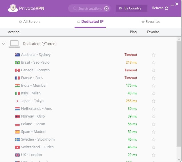 PrivateVPN's dedicated IP servers.