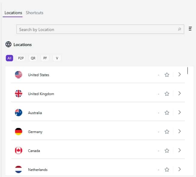 PureVPN server locations.