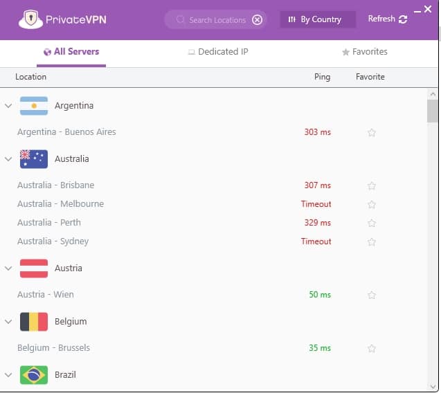 PrivateVPN server locations.