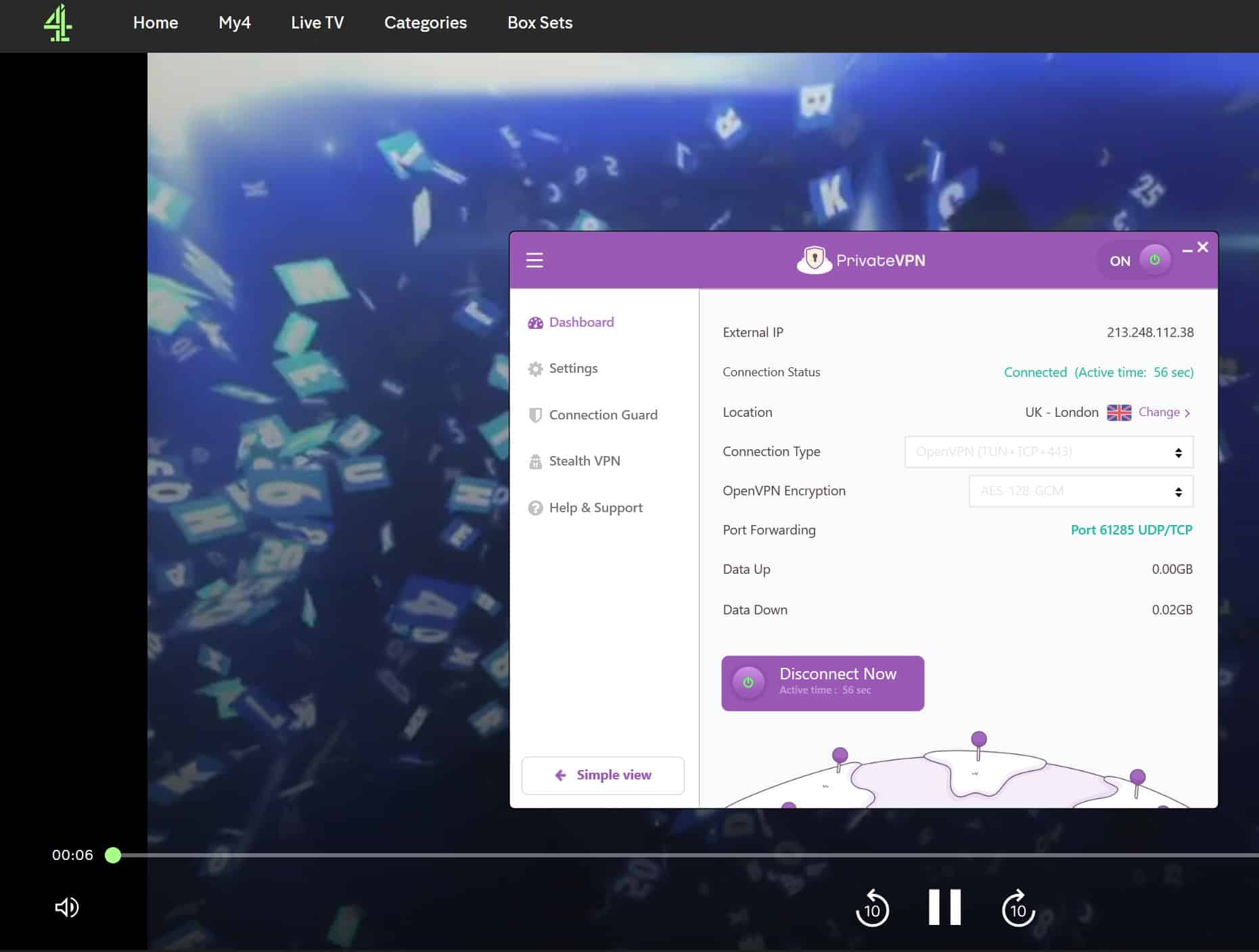 Screenshot showing All 4 playing content with PrivateVPN active