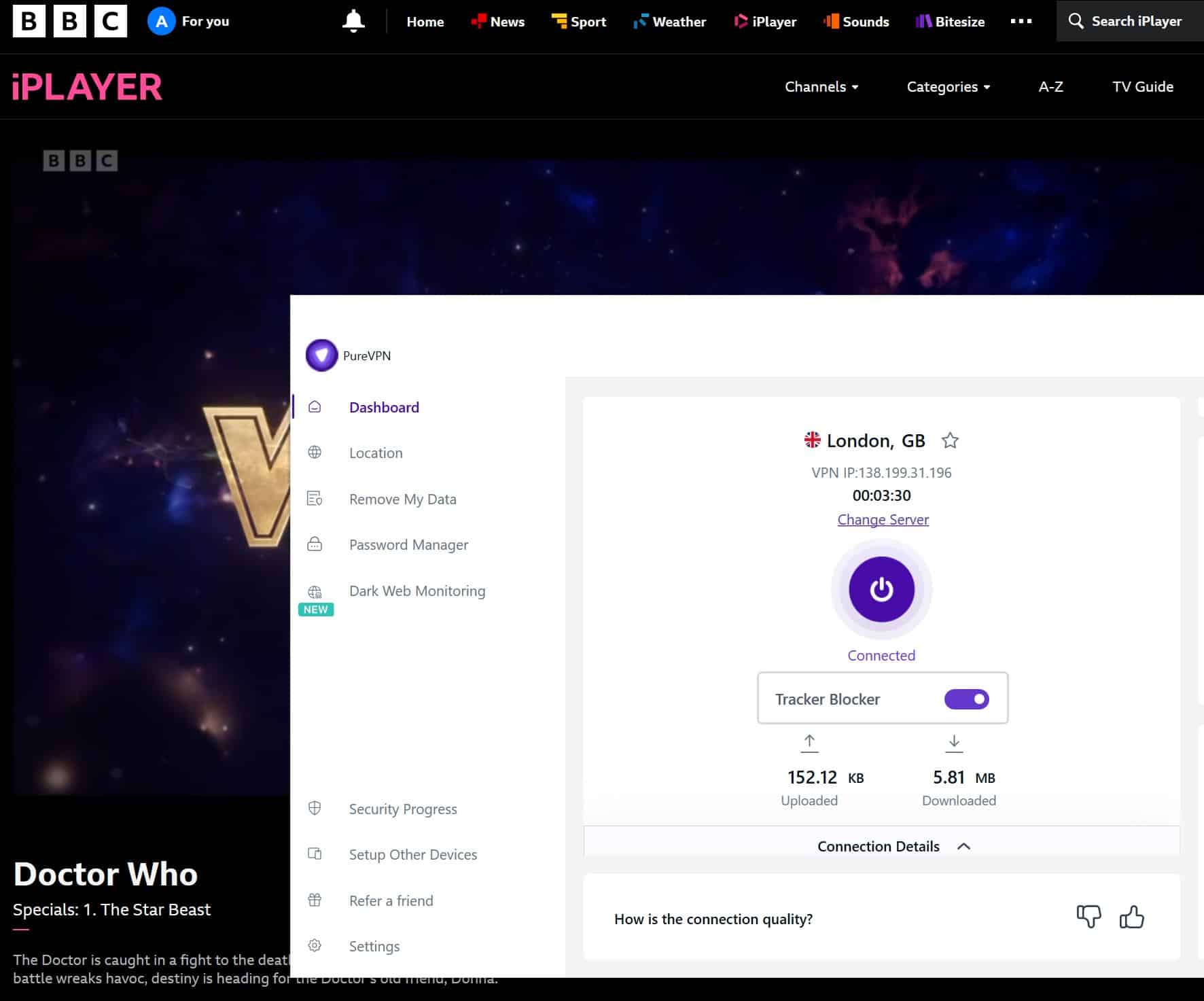 Screenshot showing BBC iPlayer working with PureVPN active