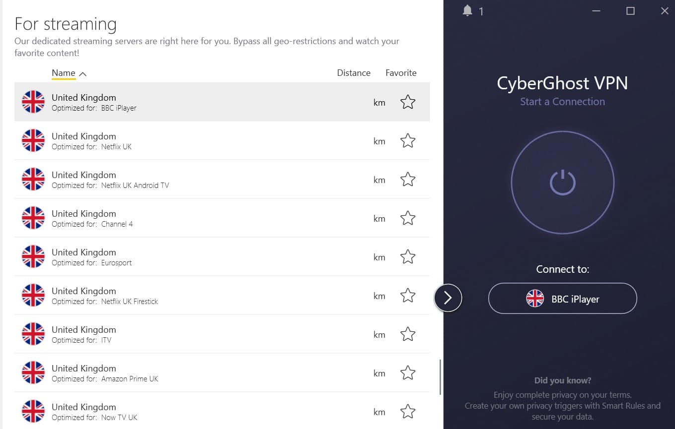 Screenshot of CyberGhost's British streaming servers