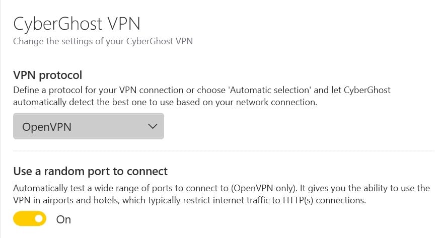 Screenshot of CyberGhost's random port connection feature