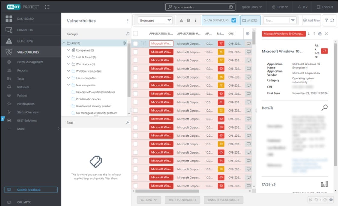 ESET Protect dashboard showing vulnerabilities tab