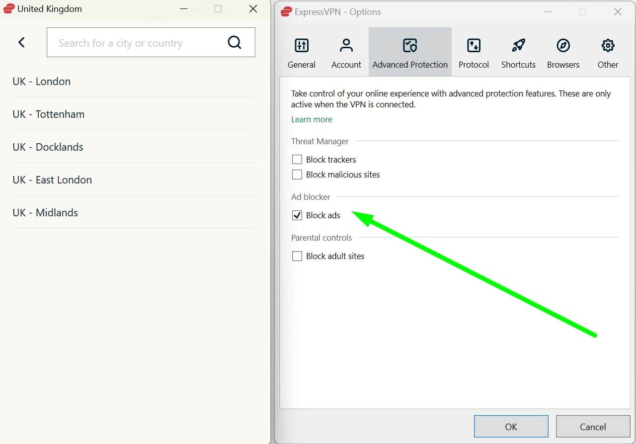 Screenshot of ExpressVPN's British server locations and advanced protection settings