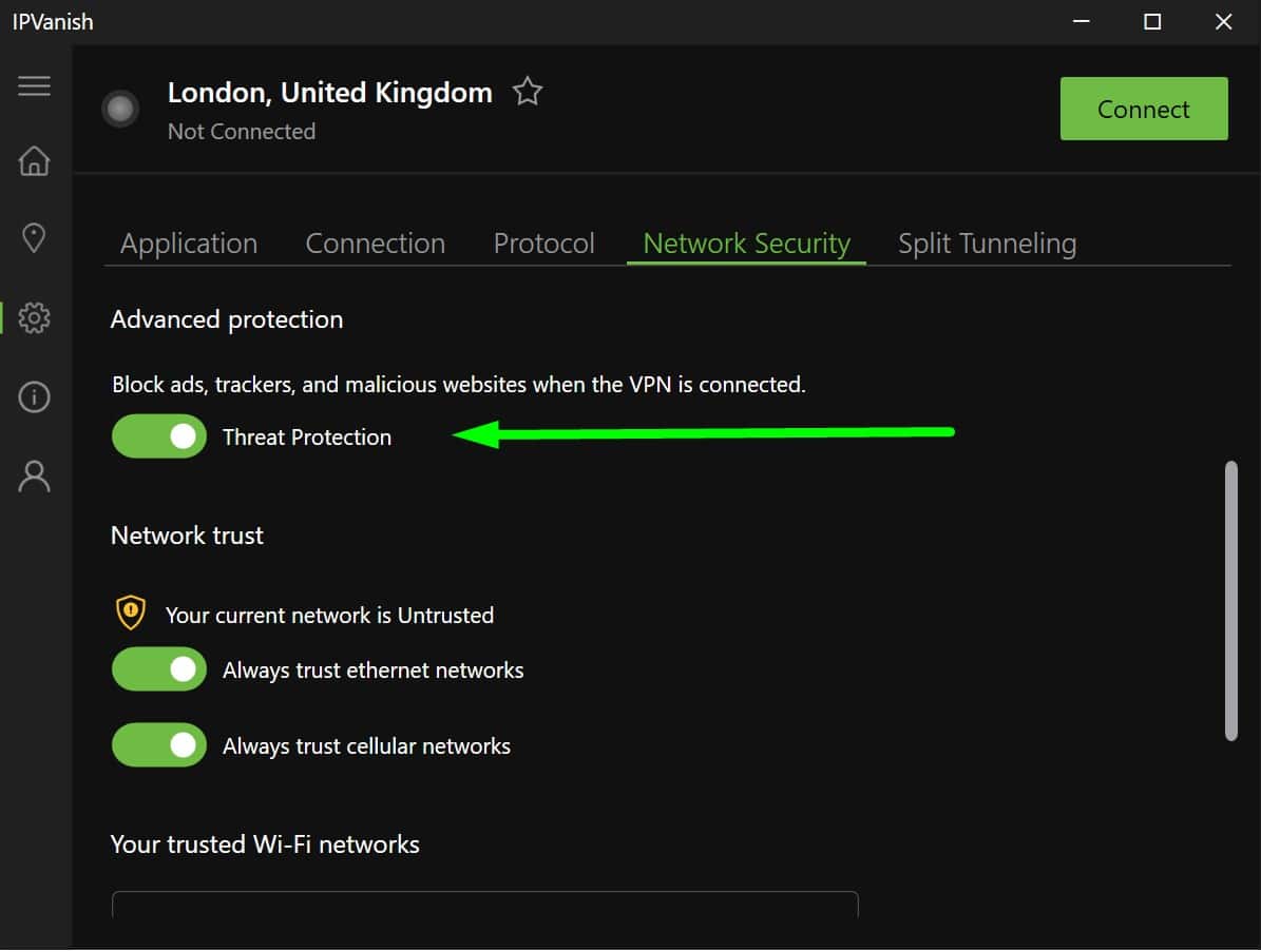 Screenshot showing IPVanish's new threat protection tool
