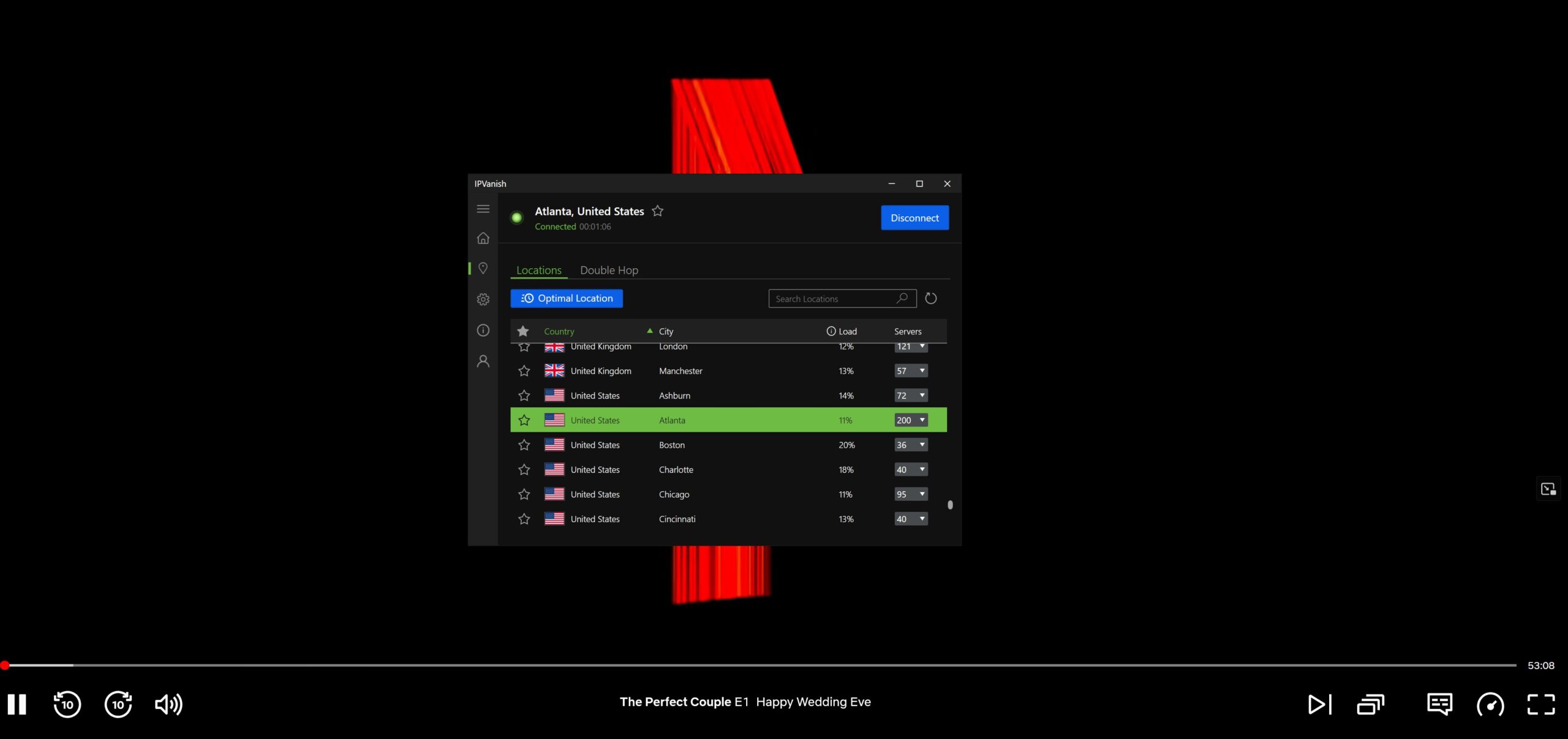 Screenshot showing IPVanish active while Netflix plays in the background