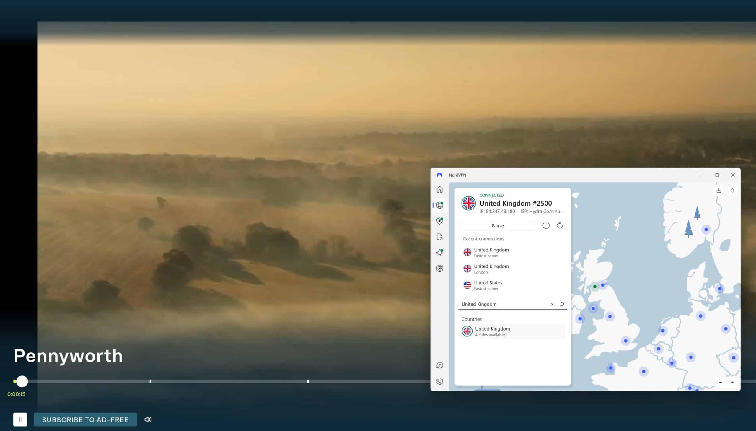 Screenshot showing ITVX playing content while connected to NordVPN