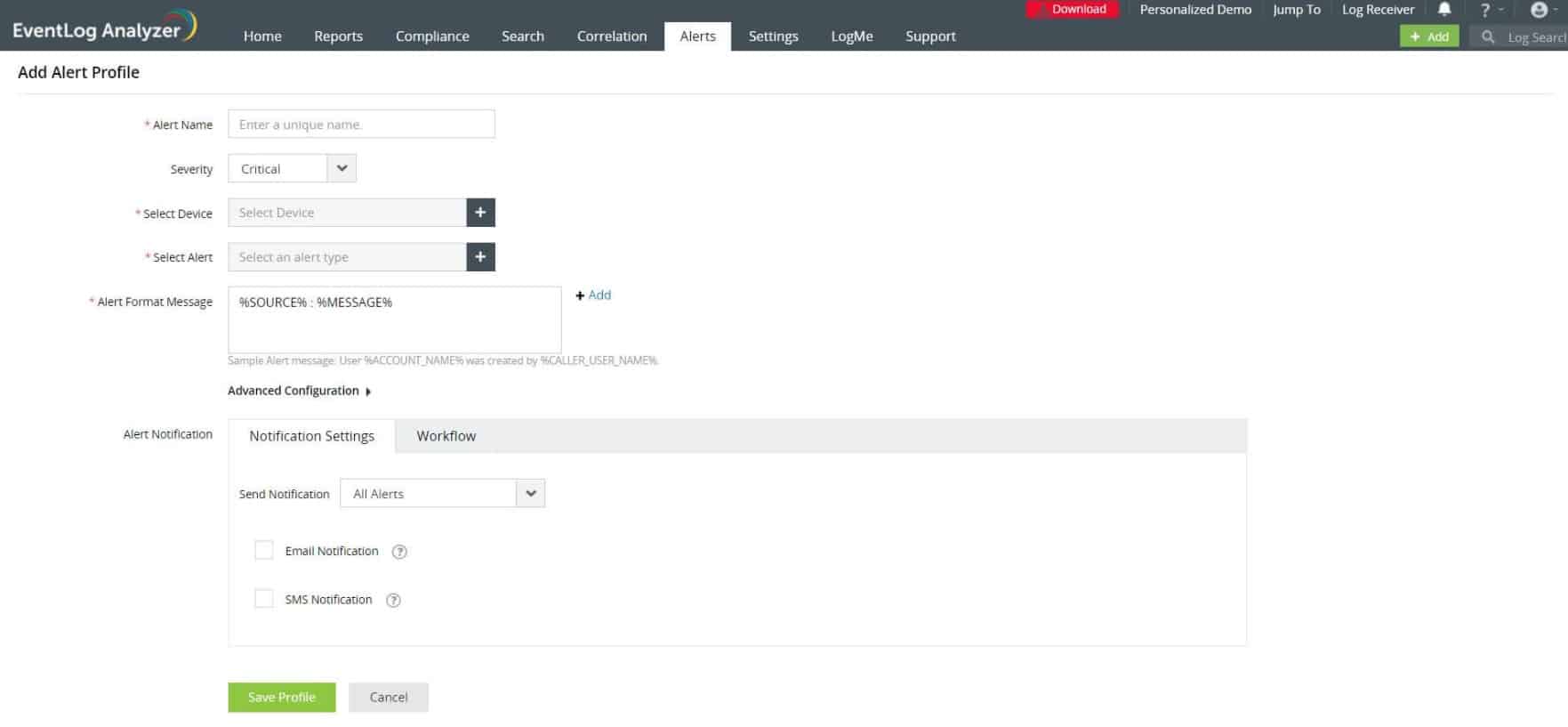 ManageEngine EventLog Analyzer alert tab in the dashboard