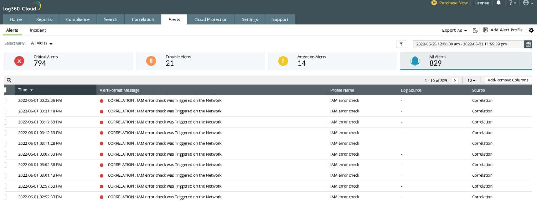 ManageEngine Log360 dashboard showing alerts