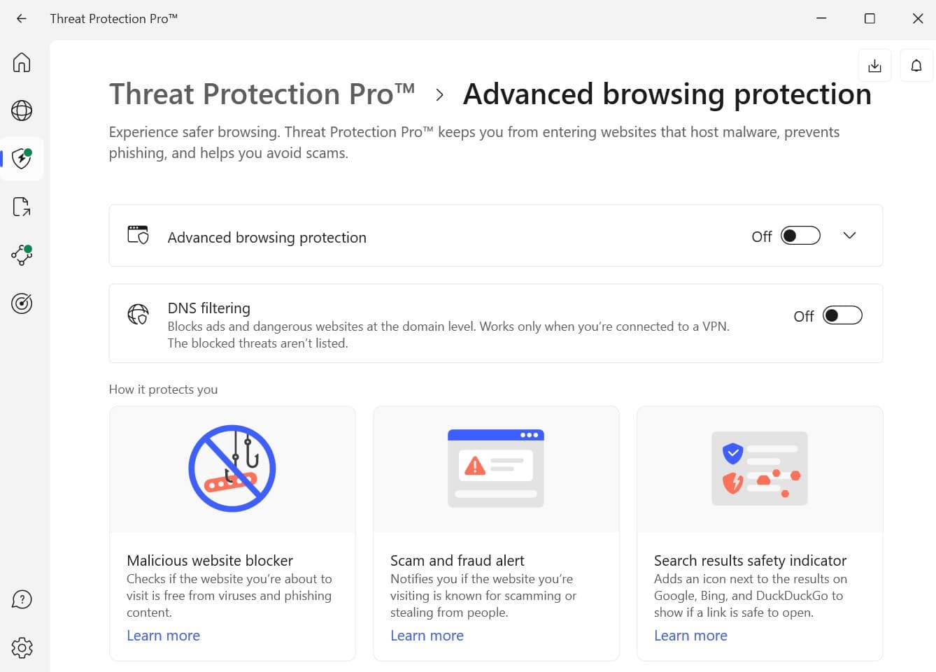 Screenshot of NordVPN's advanced browsing protection settings