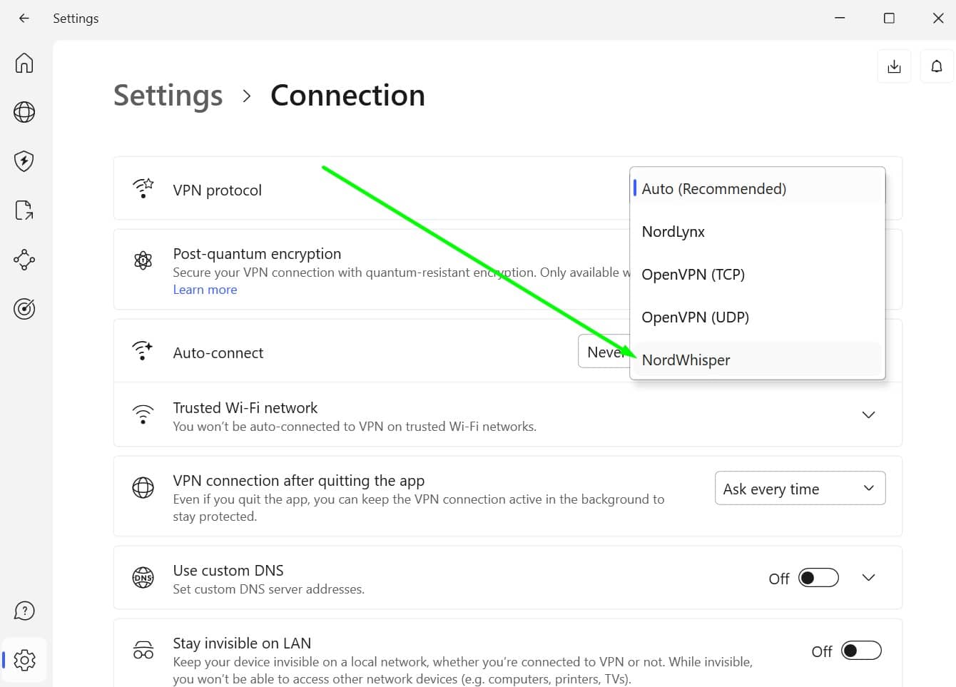 Screenshot showing NordVPN's protocol selection options with an arrow pointing to Nordwhisper