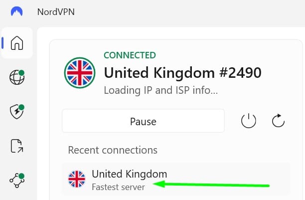 Screenshot showing NordVPN connecting to its fastest available UK server