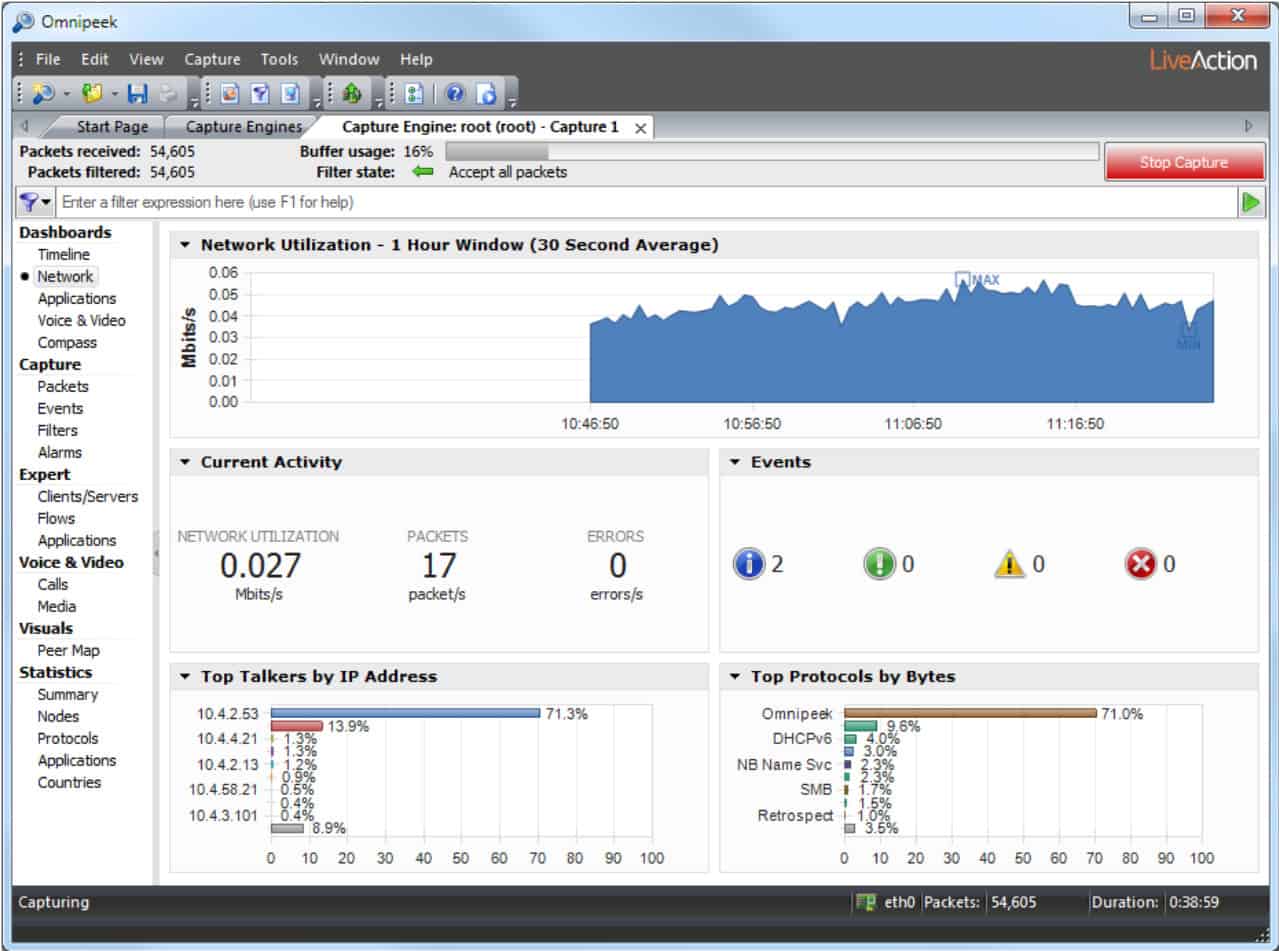 Omnipeek Network Protocol Analyzer dashboard