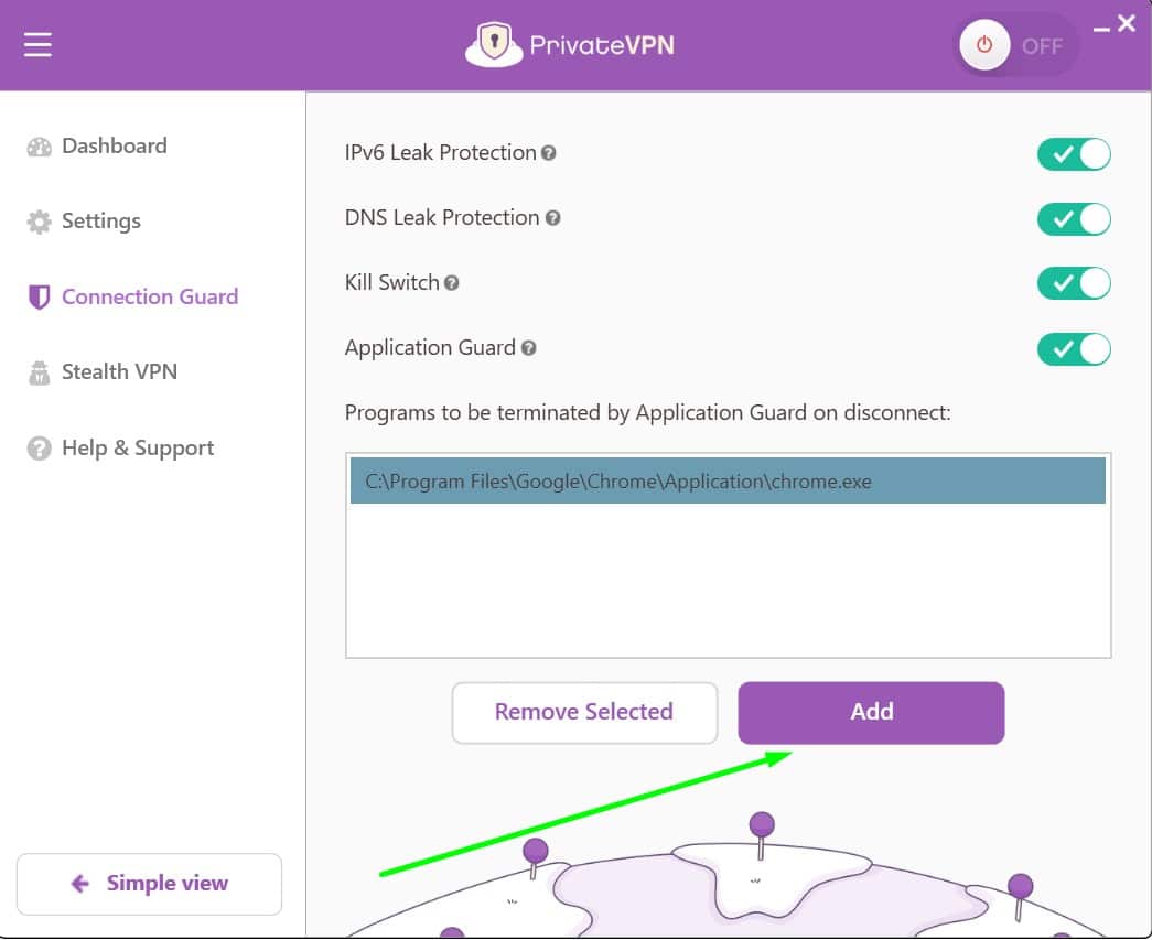 Screenshot of PrivateVPN's connection guard settings