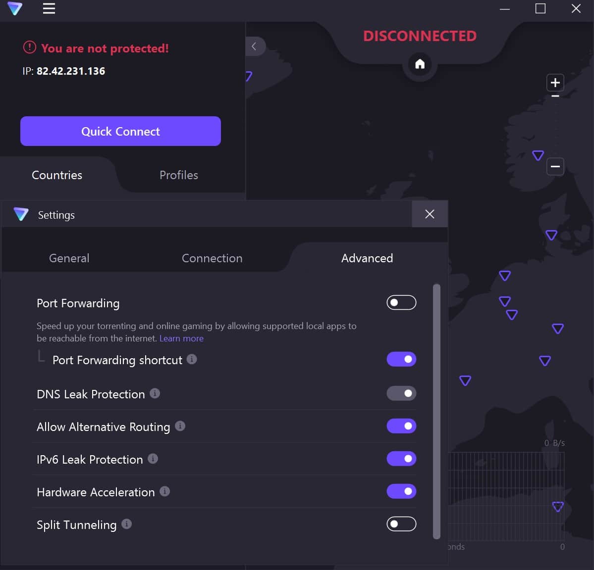 Screenshot of ProtonVPN's advanced settings menu