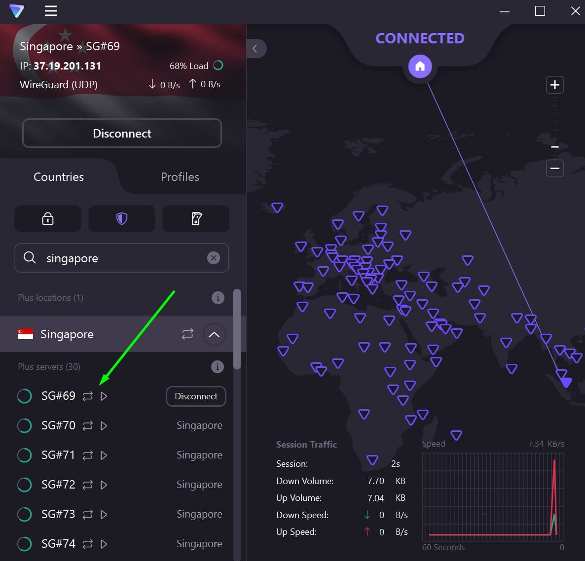 Screenshot showing ProtonVPN's SIngaporean servers