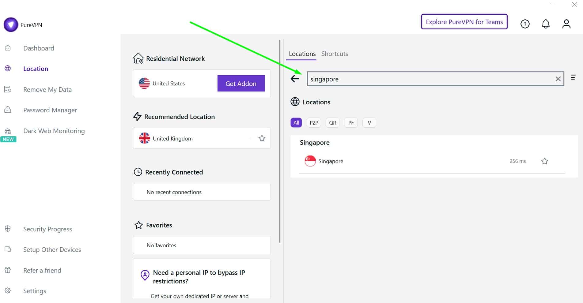 Screenshot showing PureVPN's Singaporean servers
