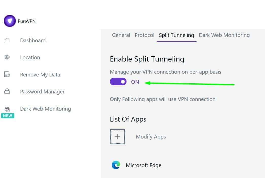 Screenshot showing PureVPN's split tunneling options