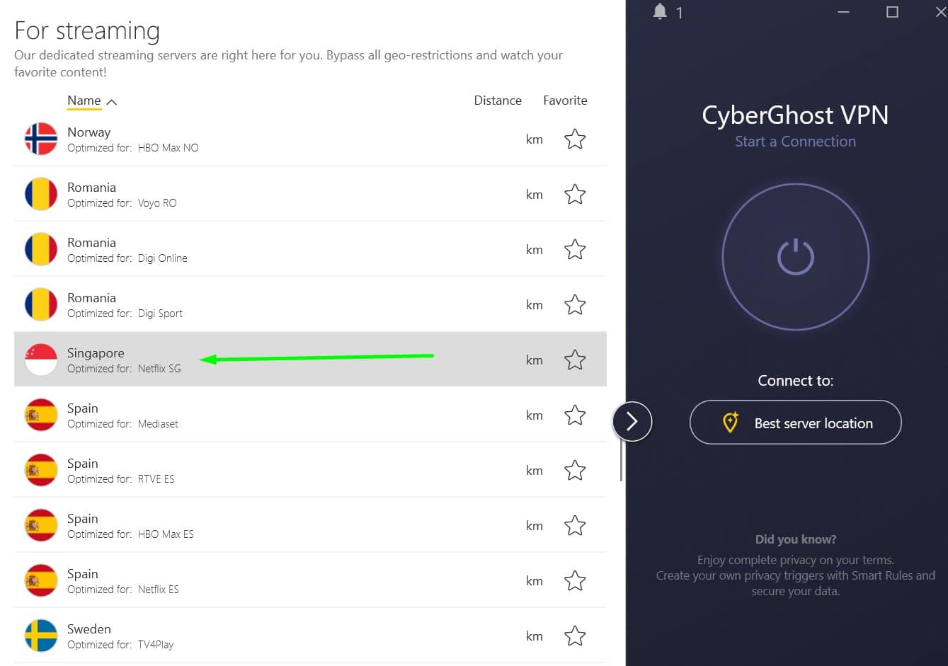 Screenshot showing CyberGhost's streaming servers in Singapore