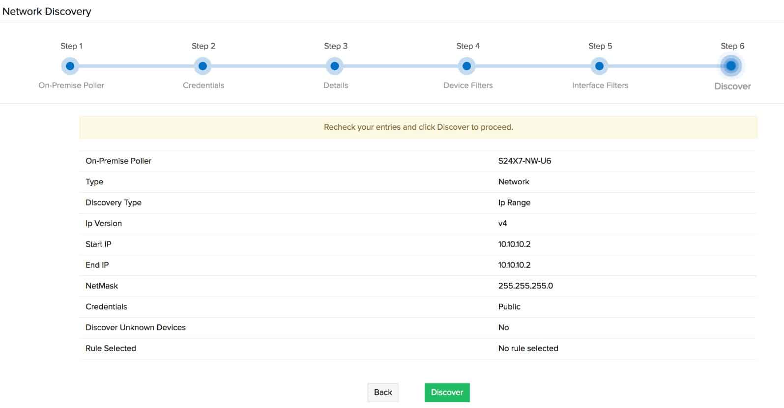 Site24x7 network discovery screen
