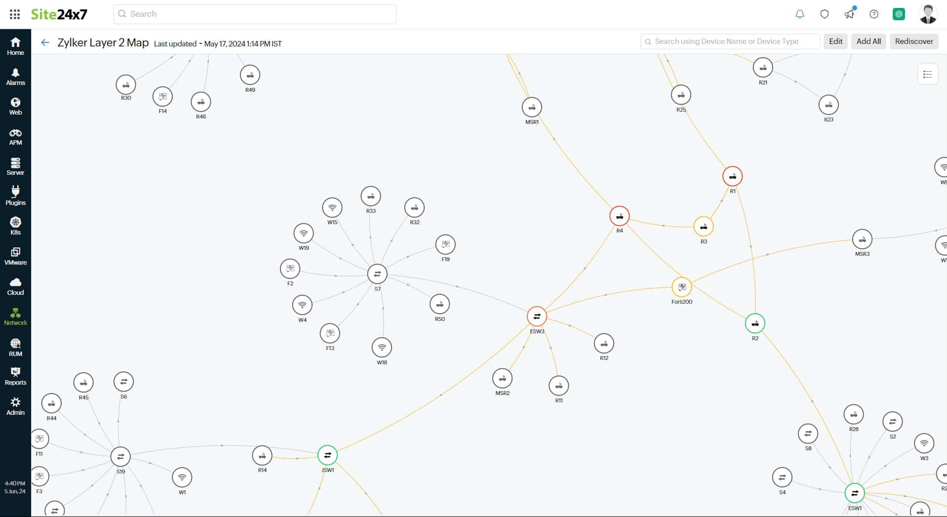 Site24x7 maps networks, including wireless APs