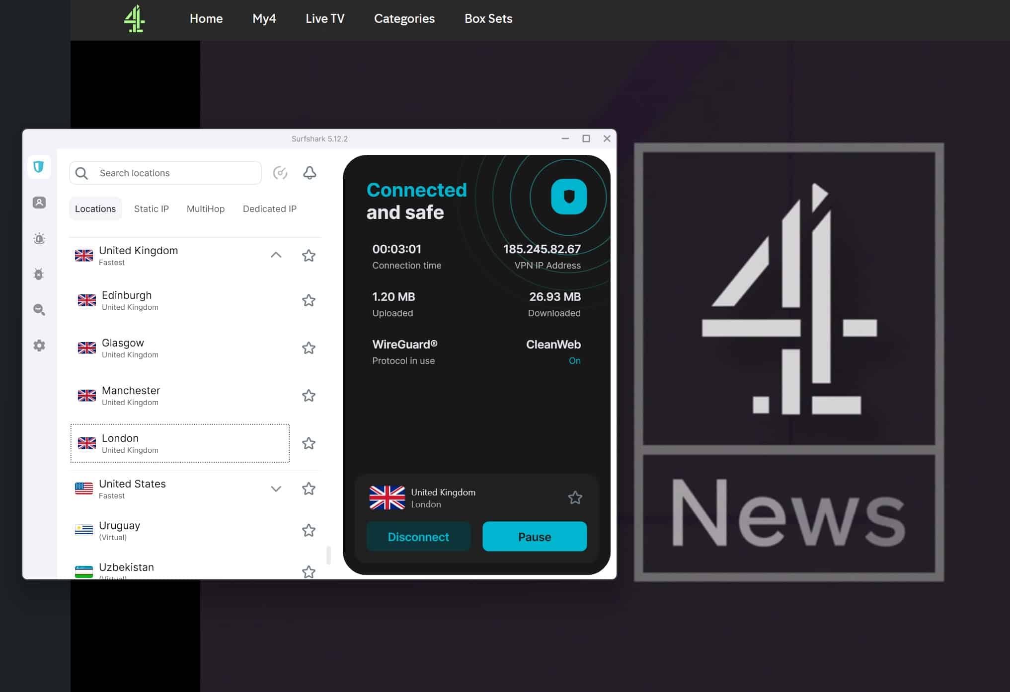 Screenshot showing All 4 working properly with Surfshark connected