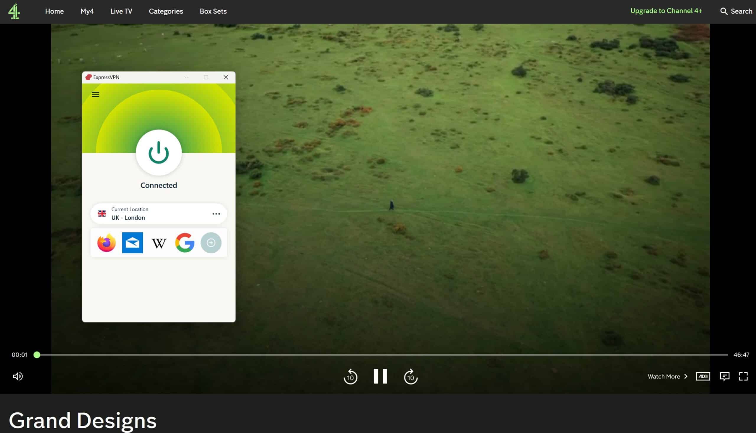 Screenshot showing All 4 content playing with ExpressVPN active