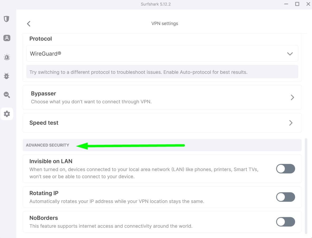 Screenshot of Surfshark's advanced security settings page