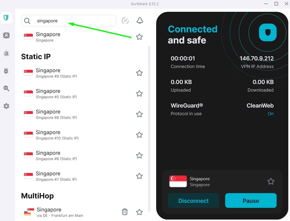 Screenshot of Surfshark's Singaporean servers