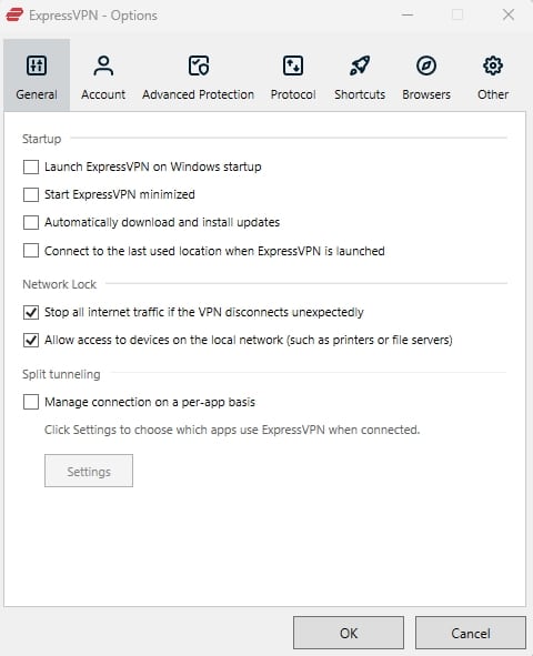 ExpressVPN options.