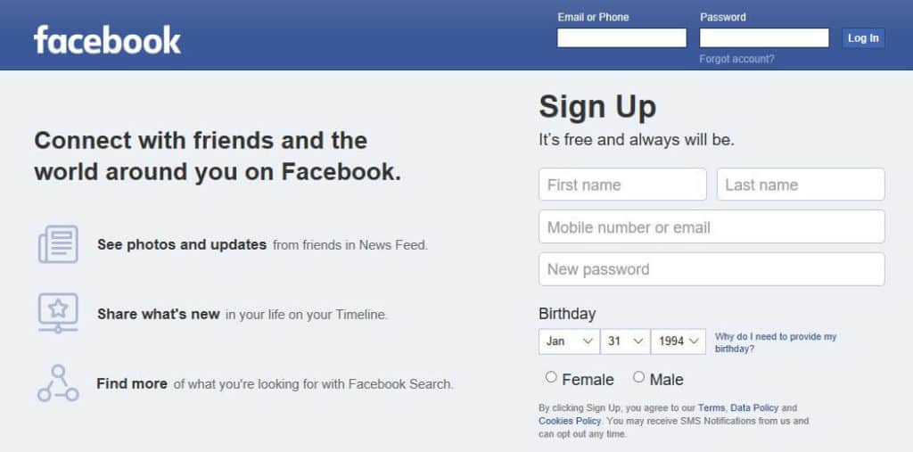 Facebook login.