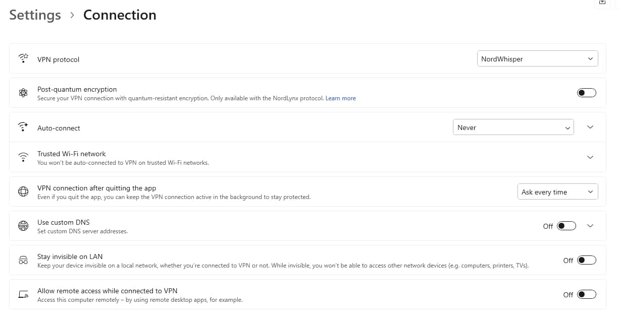 NordVPN connection settings.