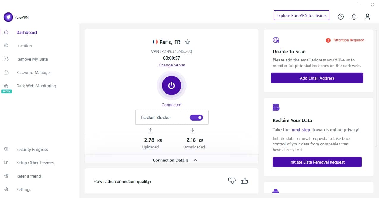 The PureVPN dashboard.