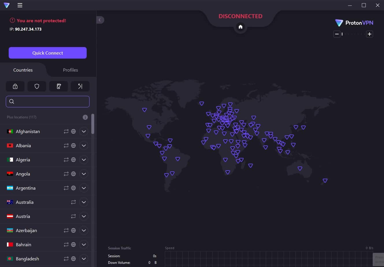 The ProtonVPN dashboard.