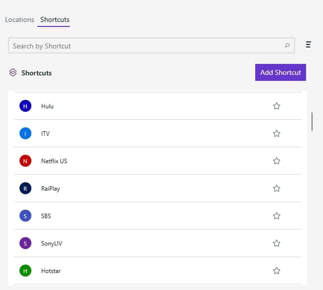 PureVPN's Shortcuts list.