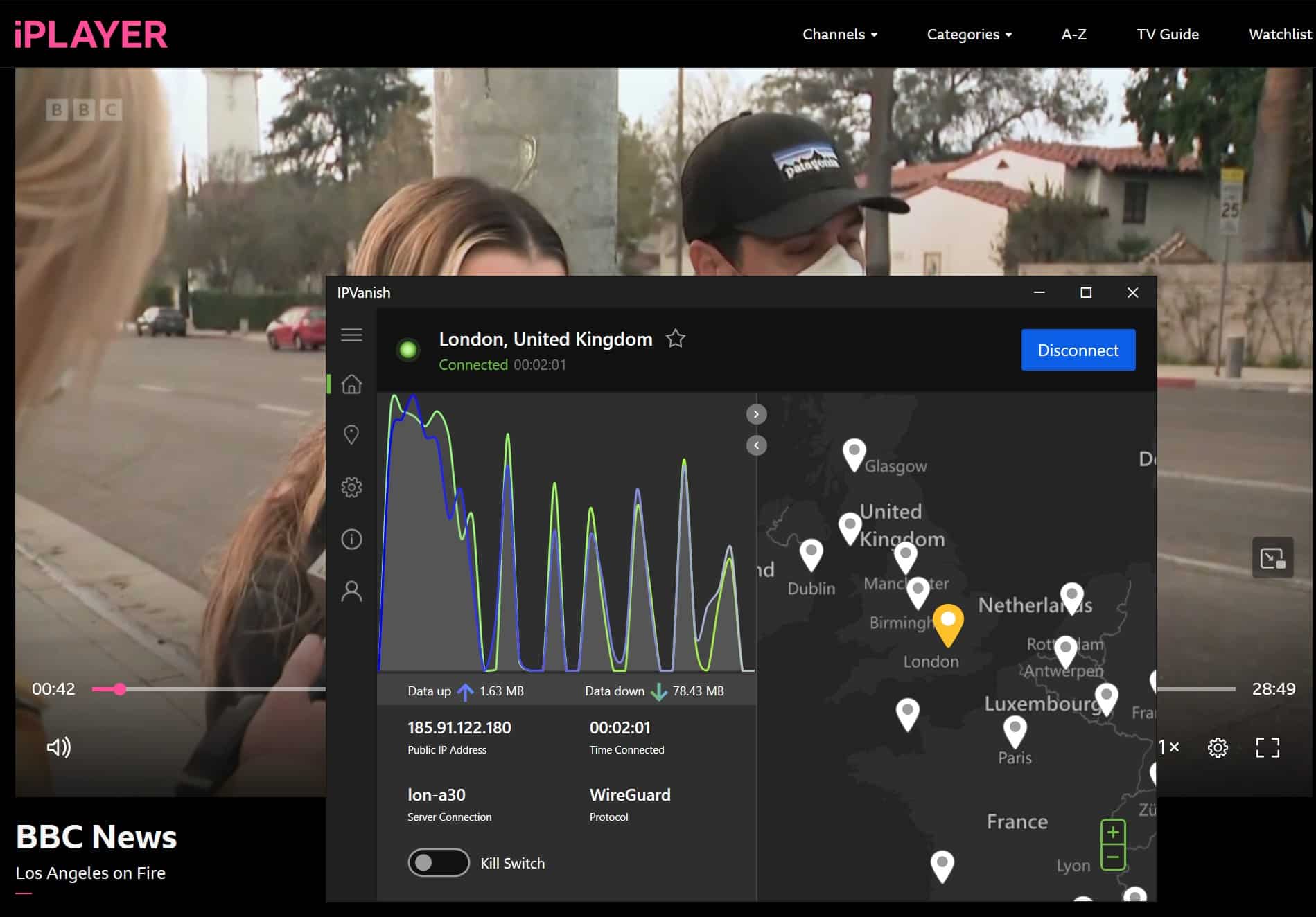 Screenshot showing Iplayer content playing with IPVanish active