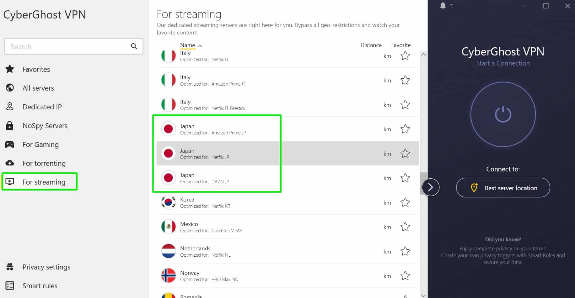 Screenshot of CyberGhost's Japanese streaming servers
