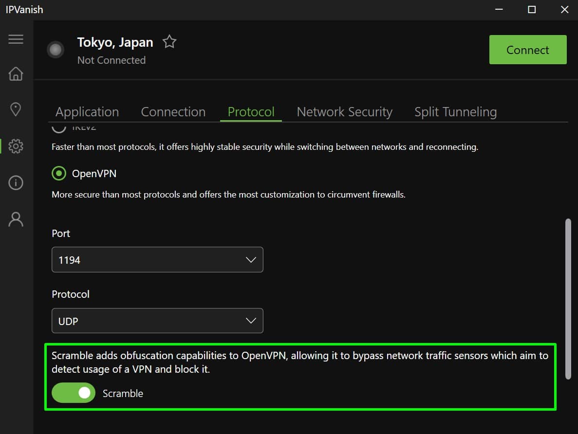 Screenshot of IPVanish's traffic scrambling feature
