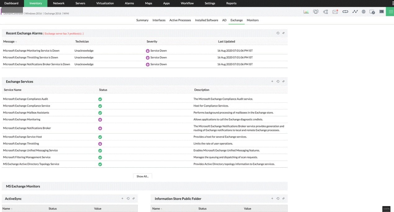 ManageEngine OpManager Exchange Monitoring Dashboard