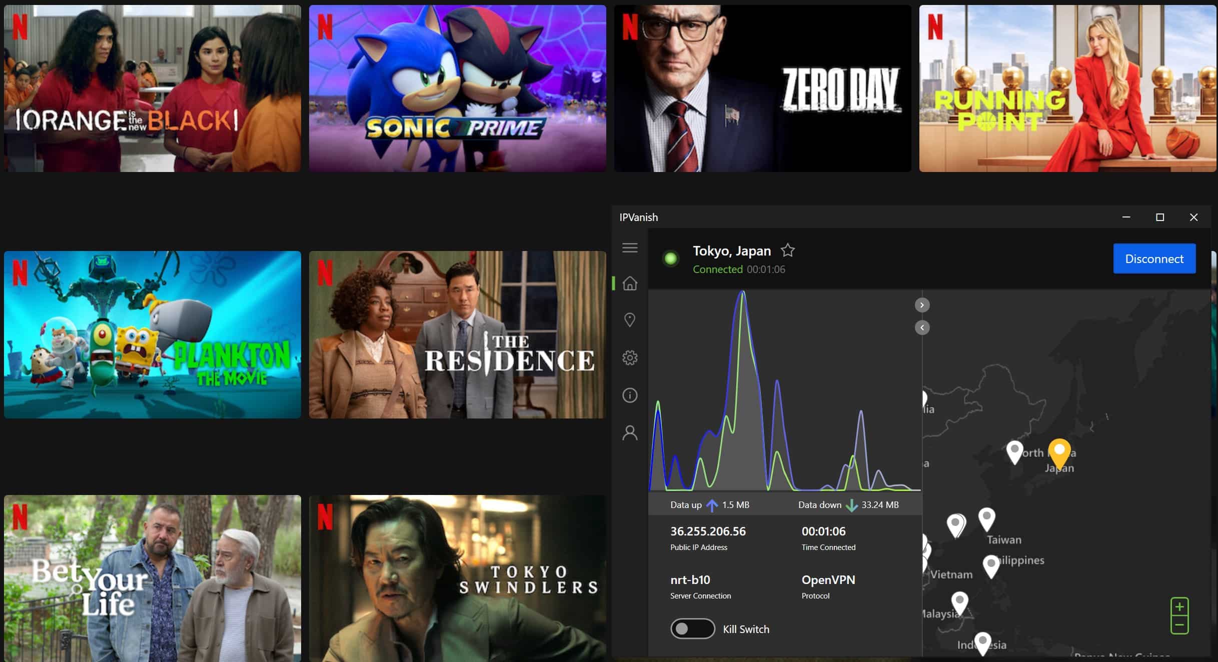 Screenshot showing Netflix Japan's originals with IPVanish active