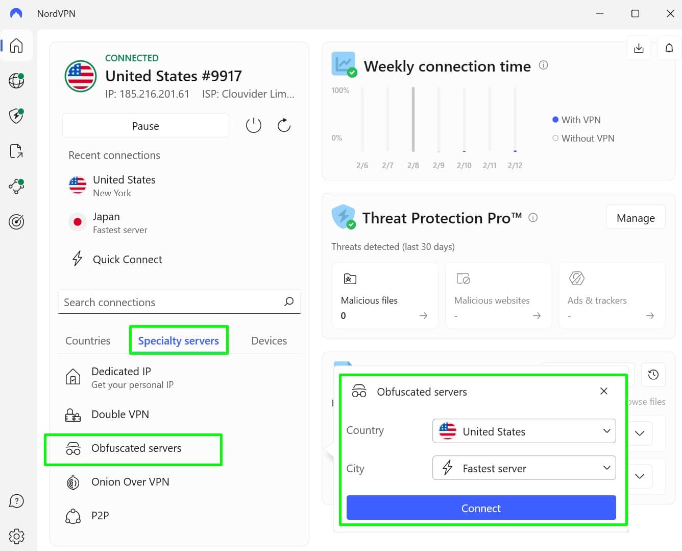 Screenshot showing how to connect to NorVPN's obfuscated servers