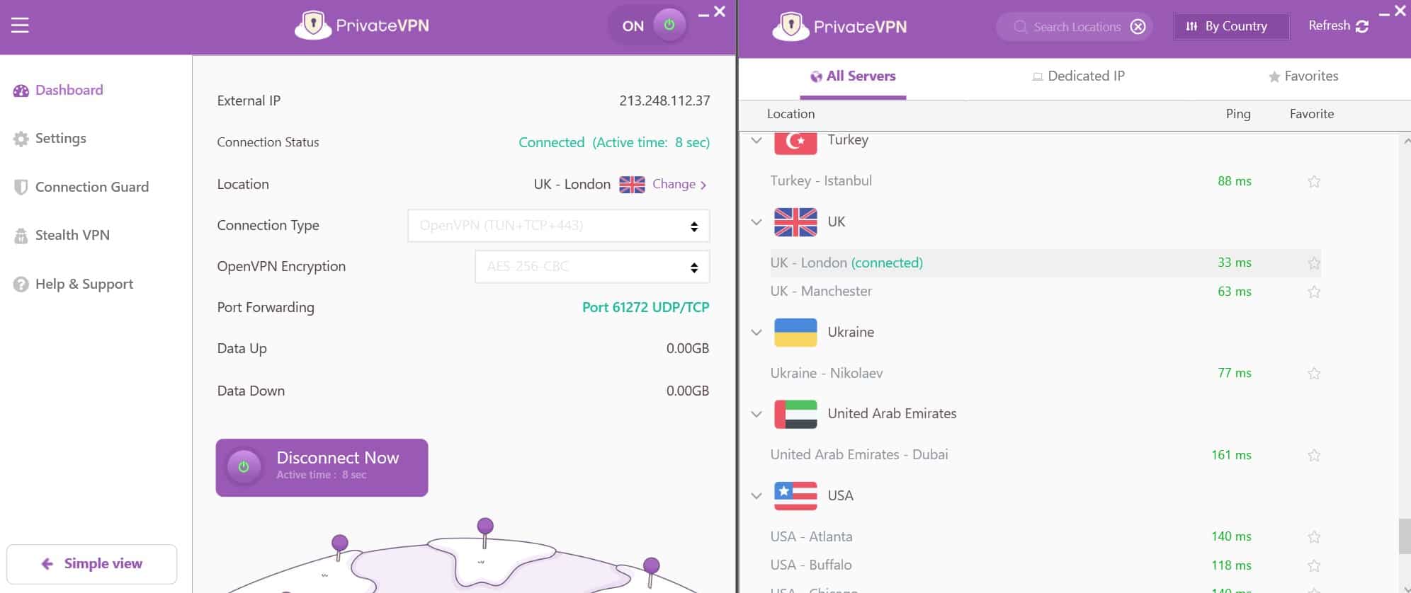 Screenshot of PrivateVPN's interface on windows in feb 2025